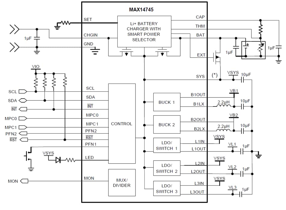 アプリケーション回路図 - Analog Devices / Maxim Integrated MAX14745ウェアラブル充電管理ソリューション