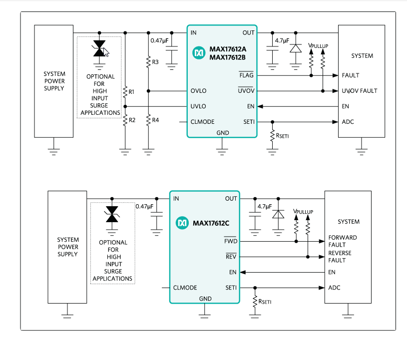 アプリケーション回路図 - Analog Devices / Maxim Integrated MAX17612A/MAX17612B/MAX17612C保護IC