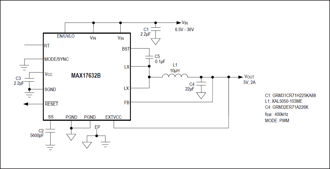 ブロック図 - Analog Devices / Maxim Integrated MAX17632同期降圧型DC-DCコンバータ