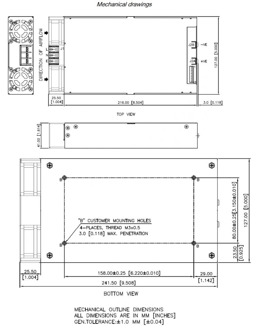 機械図面 - Bel Power Solutions MBE1000シリーズAC-DC電源