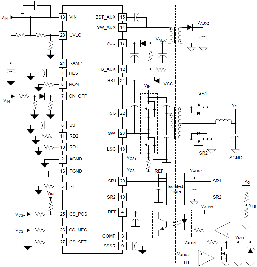 アプリケーション回路図 - Texas Instruments LM5036ハーフブリッジPWMコントローラ