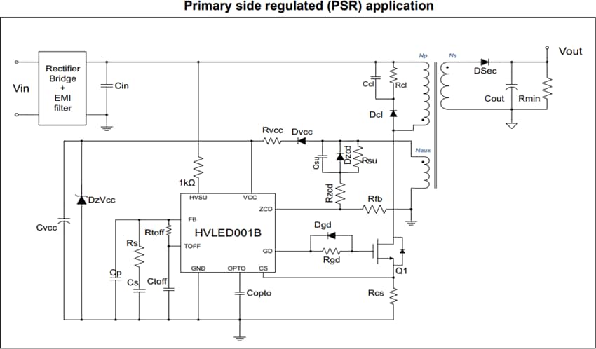 アプリケーション回路図 - STMicroelectronics HVLED001B高力率フライバック・コントローラ