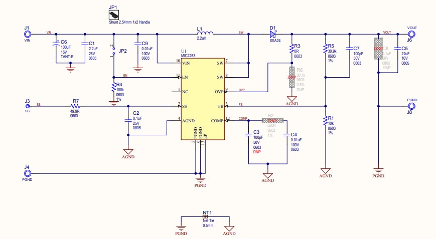 回路図 - Microchip Technology MIC2253ブースト・レギュレータ評価ボード