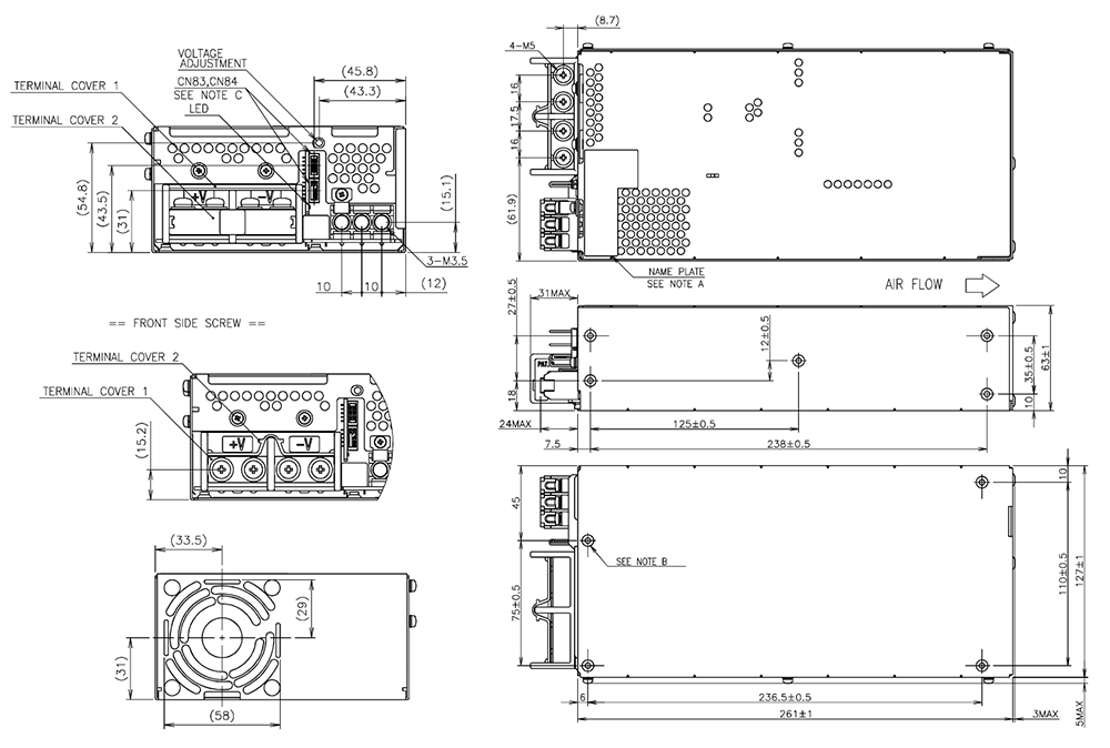 機械図面 - TDK-Lambda CUS1500M医療用および産業用電源