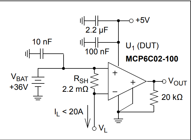 アプリケーション回路図 - Microchip Technology MCP6C02ハイサイド電流センス・アンプ