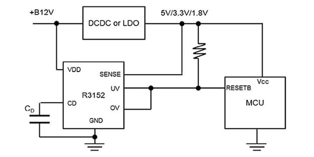 アプリケーション回路図 - Nisshinbo R3152Nシリーズ42V入力ウィンドウ電圧検出器