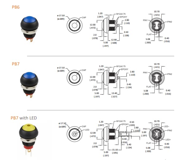 機械図面 - TE Connectivity / Alcoswitch IP68 Sub-Miniatureプッシュボタン・スイッチ