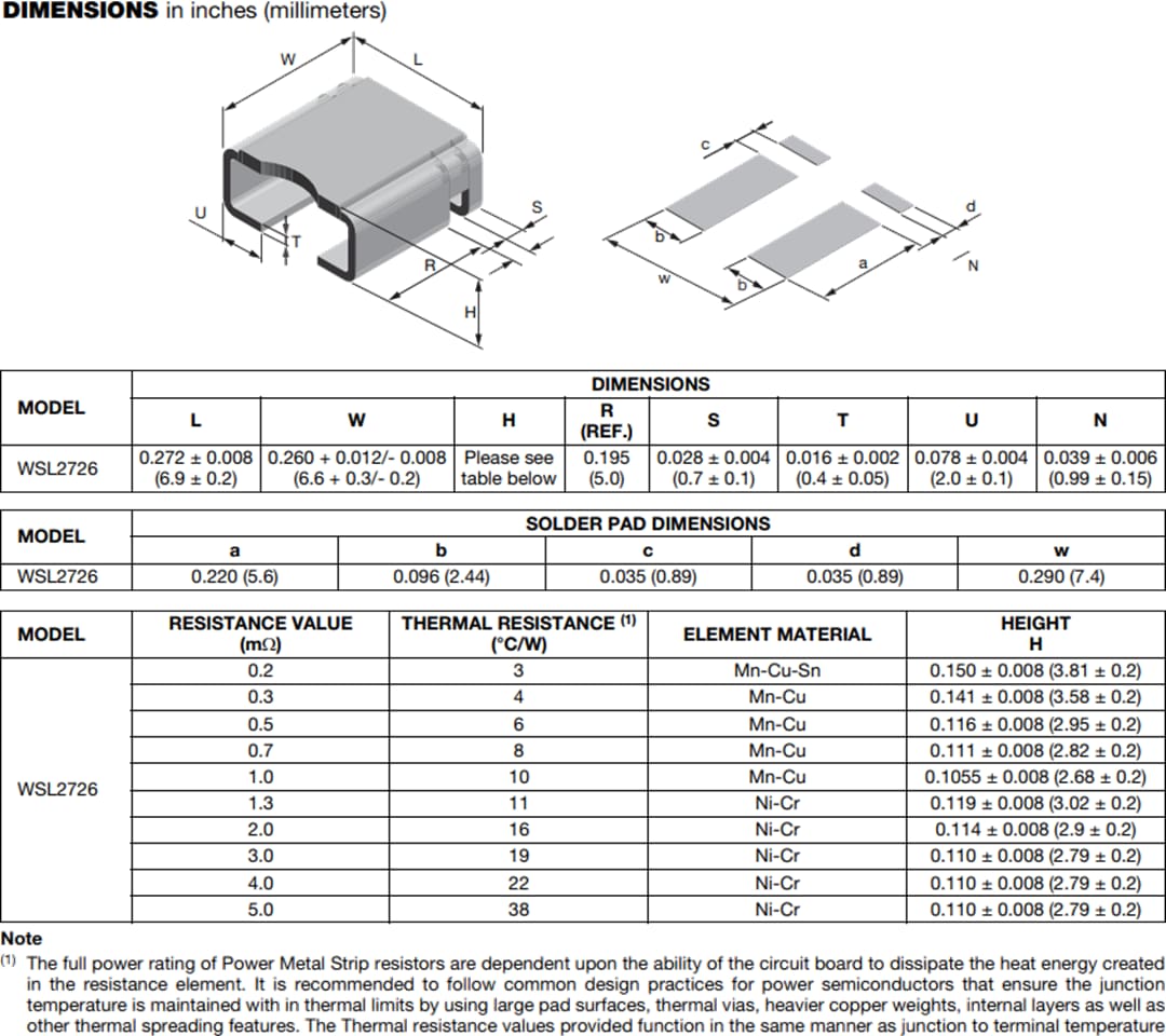 機械図面 - Vishay / Dale WSL2726 Power Metal Strip®レジスタ