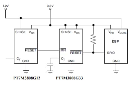 アプリケーション回路図 - Diodes Incorporated PT7M3808マイクロプロセッサ監視回路