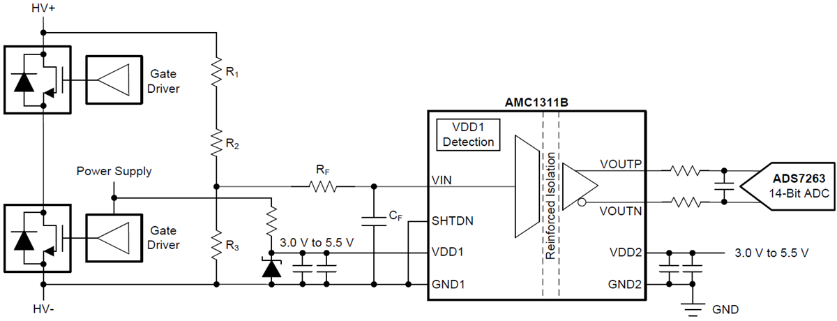 回路図 - Texas Instruments AMC1311/AMC1311-Q1強化絶縁アンプ