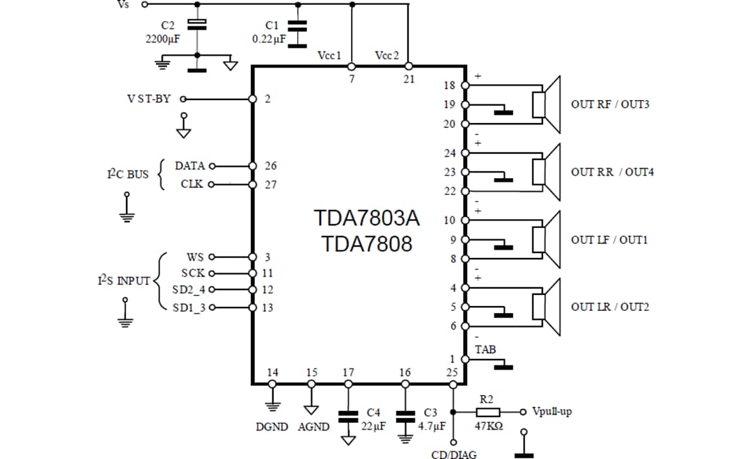 アプリケーション回路図 - STMicroelectronics EVAL-TDA7803A評価ボード