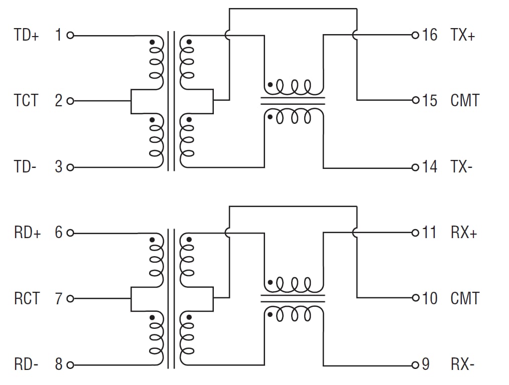 回路図 - Bourns SM91074AL AEC-Q200 LAN 10/100 Base-Tトランス