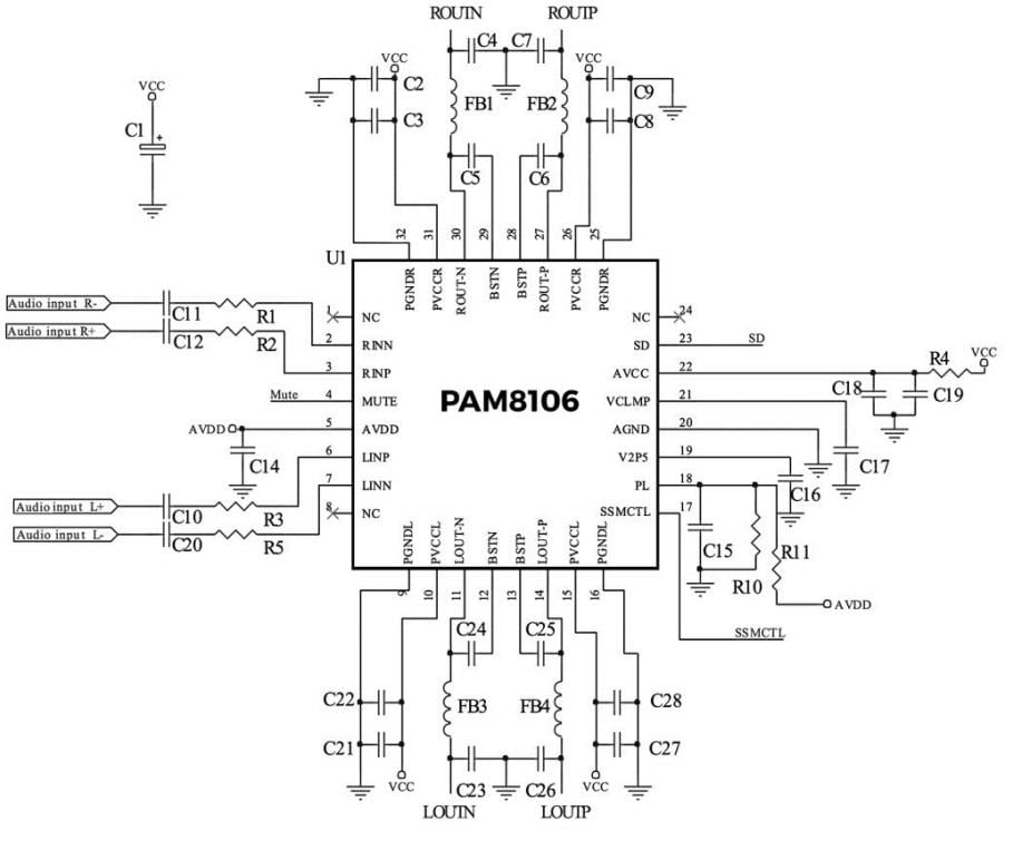 アプリケーション回路図 - Diodes Incorporated PAM8106 10Wオーディオアンプ