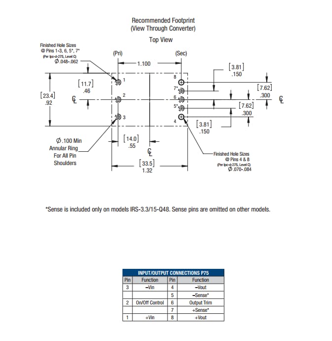 機械図面 - Murata Power Solutions IRSカプセル化16thブリックDC-DCコンバータ