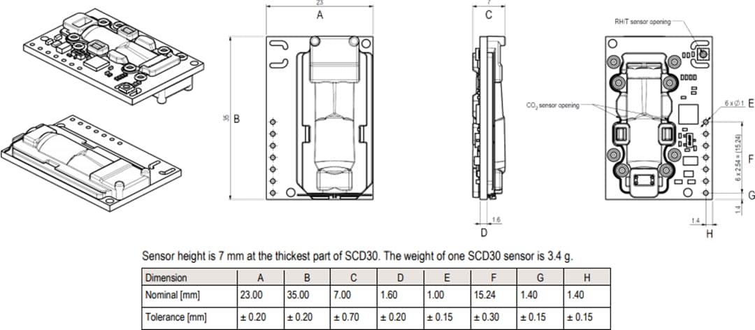 機械図面 - Sensirion SCD30センサモジュール