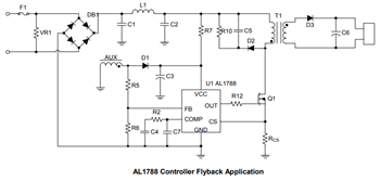 アプリケーション回路図 - Diodes Incorporated AL1788 AC/DC PFCコントローラ