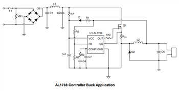 アプリケーション回路図 - Diodes Incorporated AL1788 AC/DC PFCコントローラ