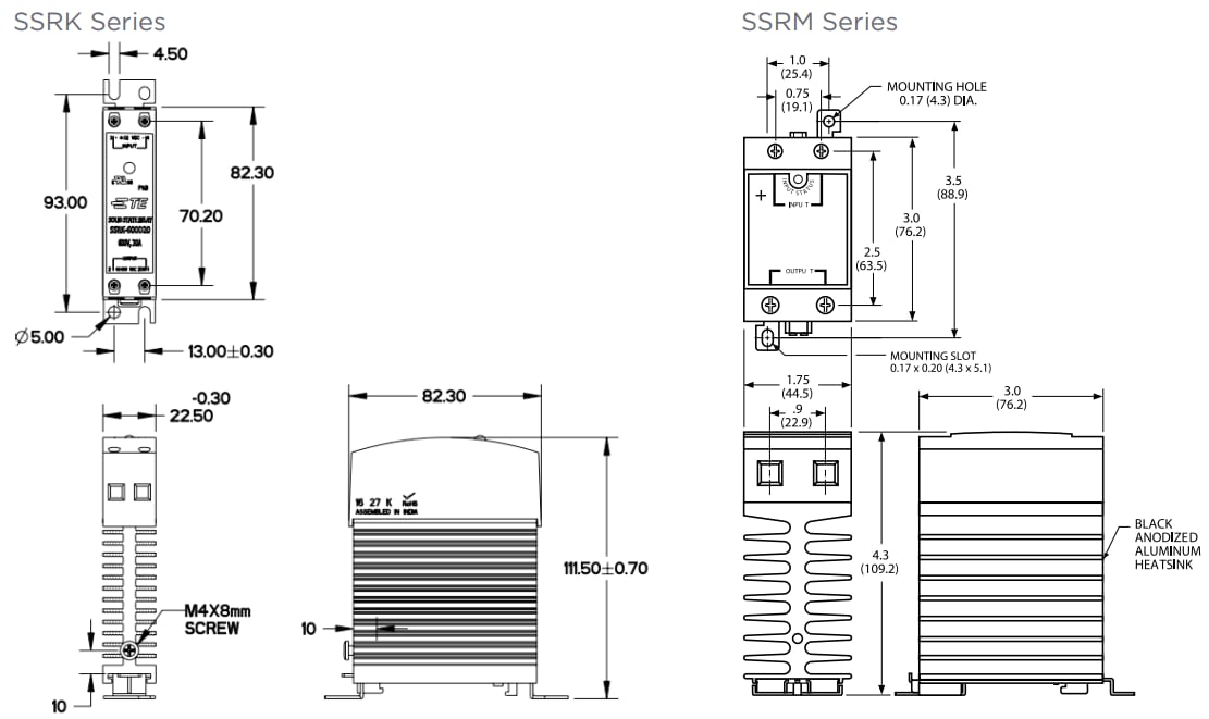 機械図面 - TE Connectivity / Potter & Brumfield SSRK & SSRMソリッドステートリレー