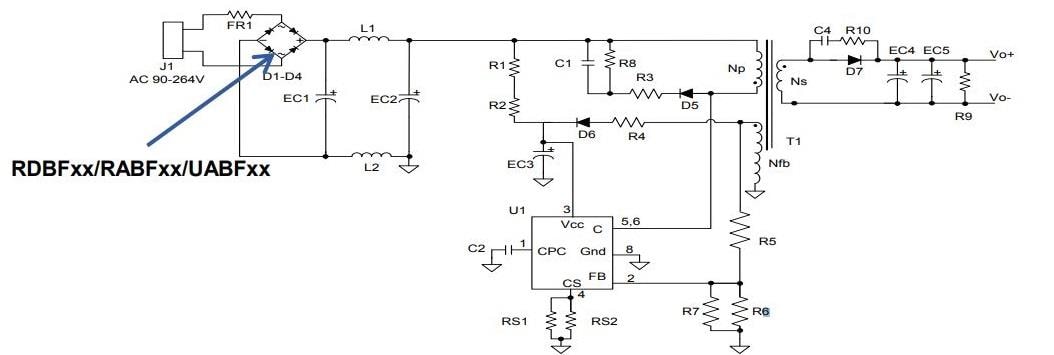 アプリケーション回路図 - Diodes Incorporated ミニチュア表面実装ブリッジ整流器