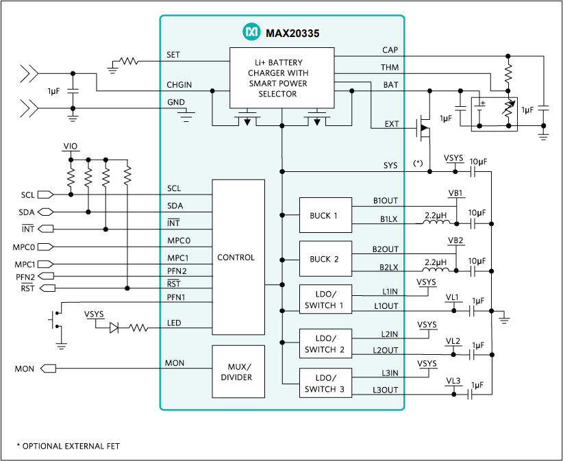 アプリケーション回路図 - Analog Devices / Maxim Integrated MAX20335ウェアラブル充電管理PMIC