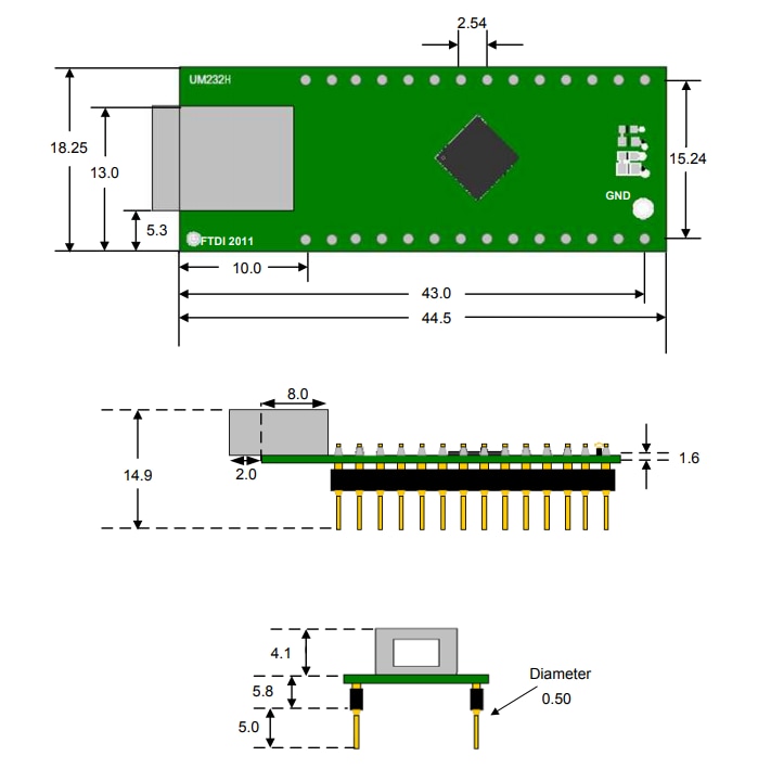 機械図面 - FTDI Chip UM232H開発モジュール
