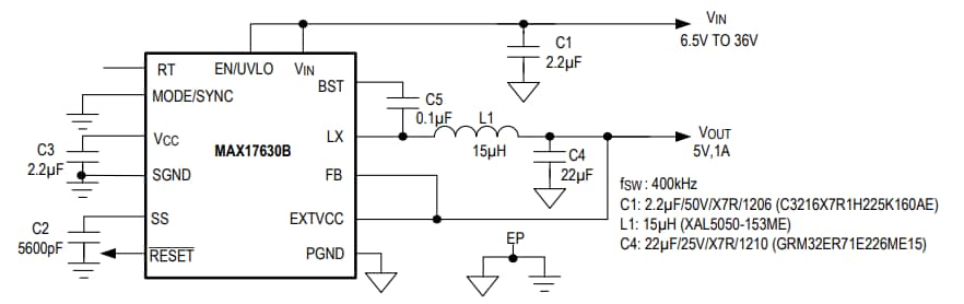 アプリケーション回路図 - Analog Devices / Maxim Integrated MAX17630同期降圧型DC-DCコンバータ