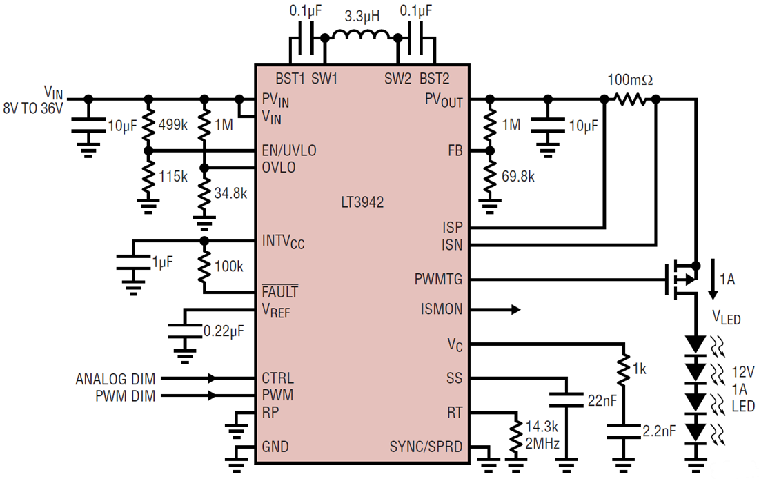 アプリケーション回路図 - Analog Devices Inc. LT3942同期バックブーストコンバータ