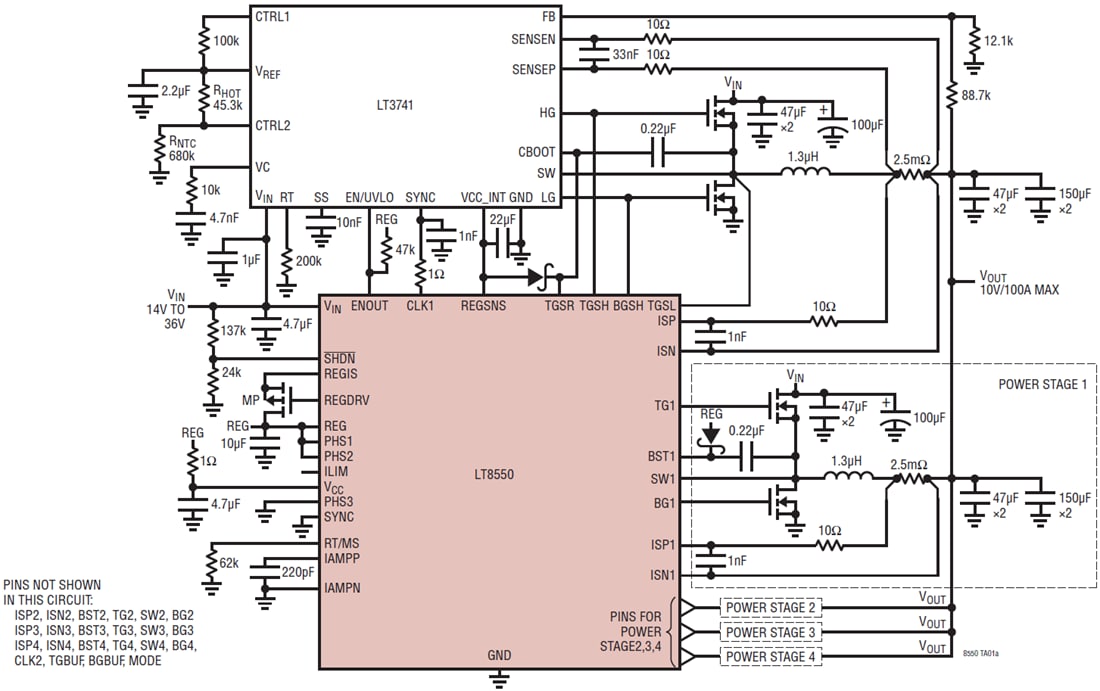 アプリケーション回路図 - Analog Devices Inc. LT8550 4相DC/DCエキスパンダ