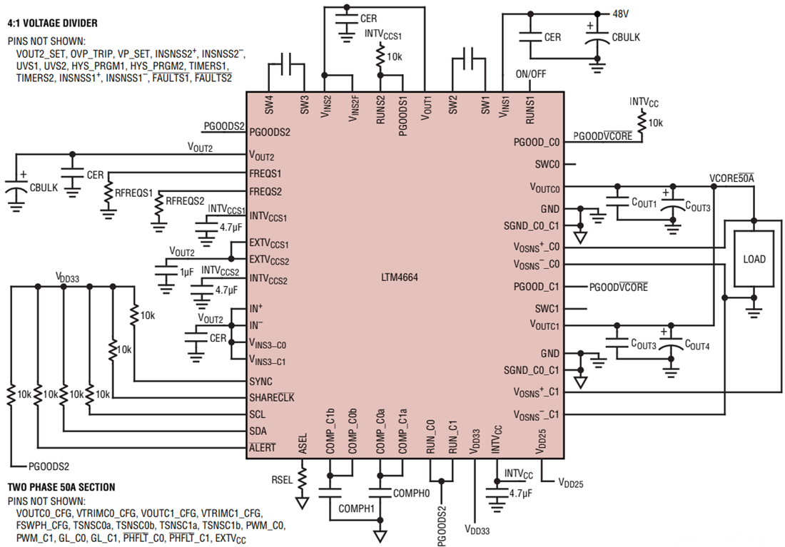 アプリケーション回路図 - Analog Devices Inc. LTM4664降圧型µModule®レギュレータ