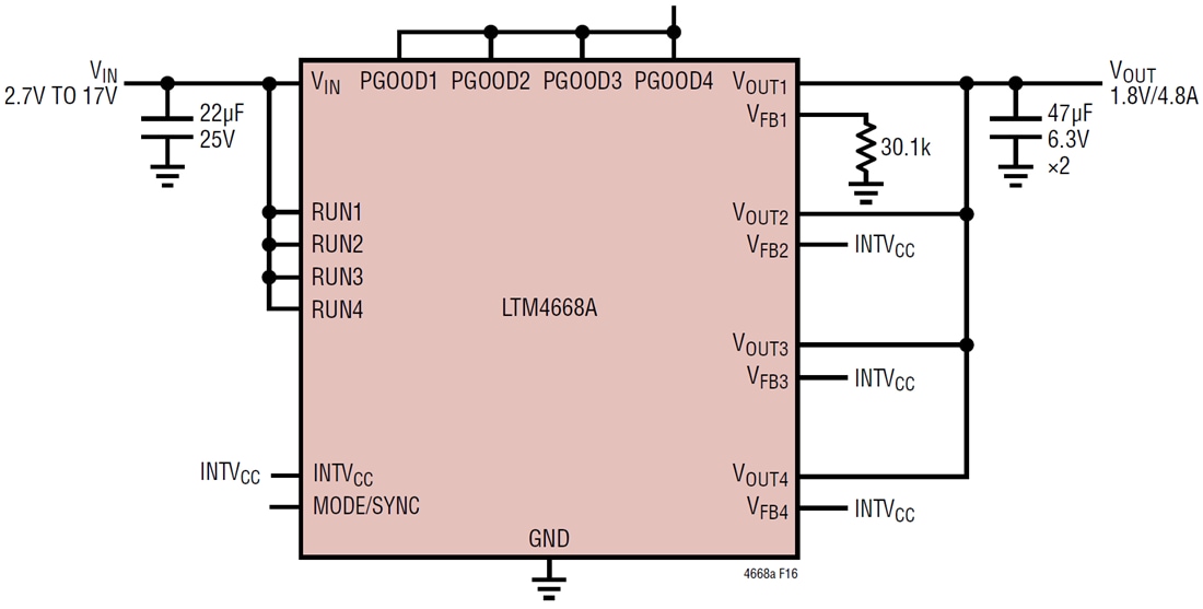 アプリケーション回路図 - Analog Devices Inc. LTM4668A/LTM4668クワッドDC/DC µModuleレギュレータ