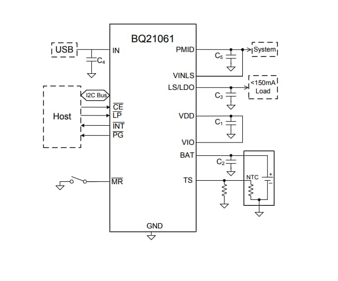 回路図 - Texas Instruments bq21061バッテリ充電管理IC