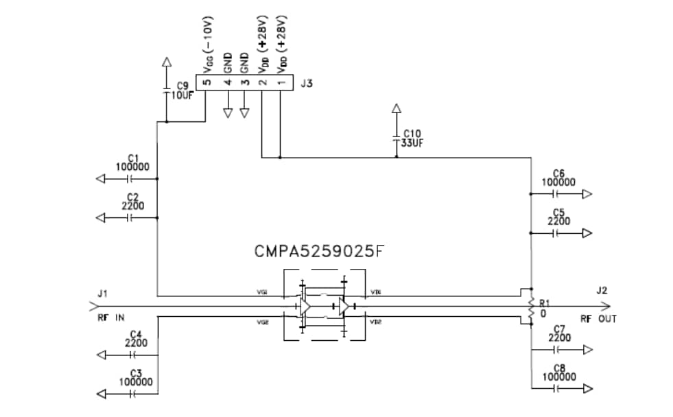 回路図 - MACOM CMPA5259025F-AMPデモアンプ回路