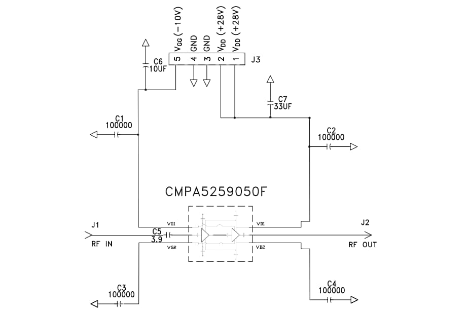 回路図 - MACOM CMPA5259050F-AMPデモアンプ回路