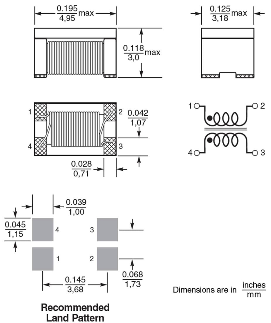 機械図面 - Coilcraft 1812CANコモンモードチョークインダクタ