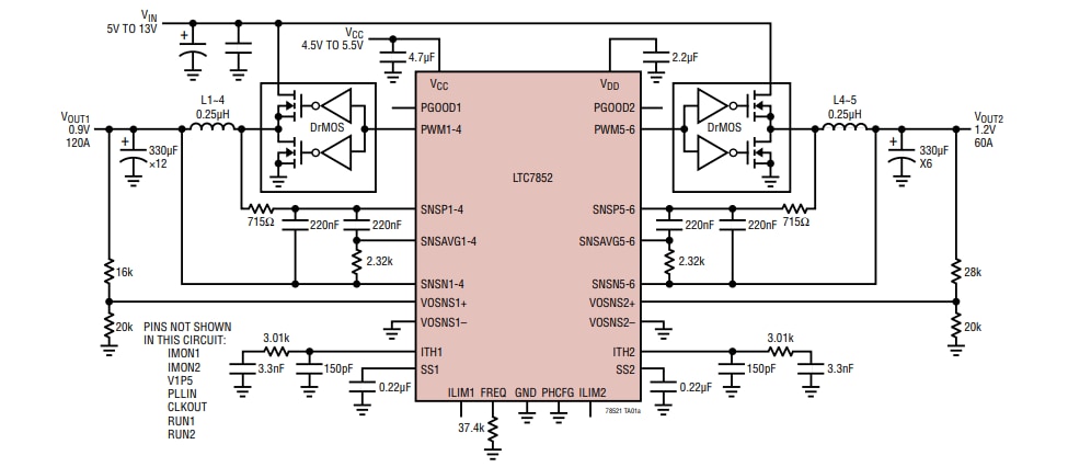 アプリケーション回路図 - Analog Devices Inc. LTC7852スイッチング・コントローラ