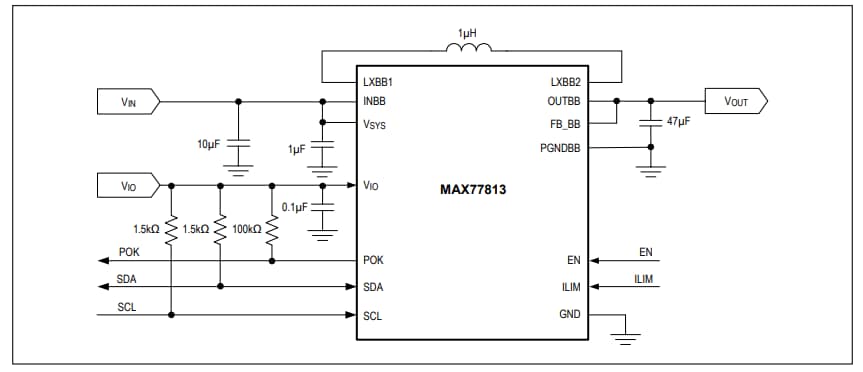 アプリケーション回路図 - Analog Devices / Maxim Integrated MAX77813高効率バックブースト・コンバータ