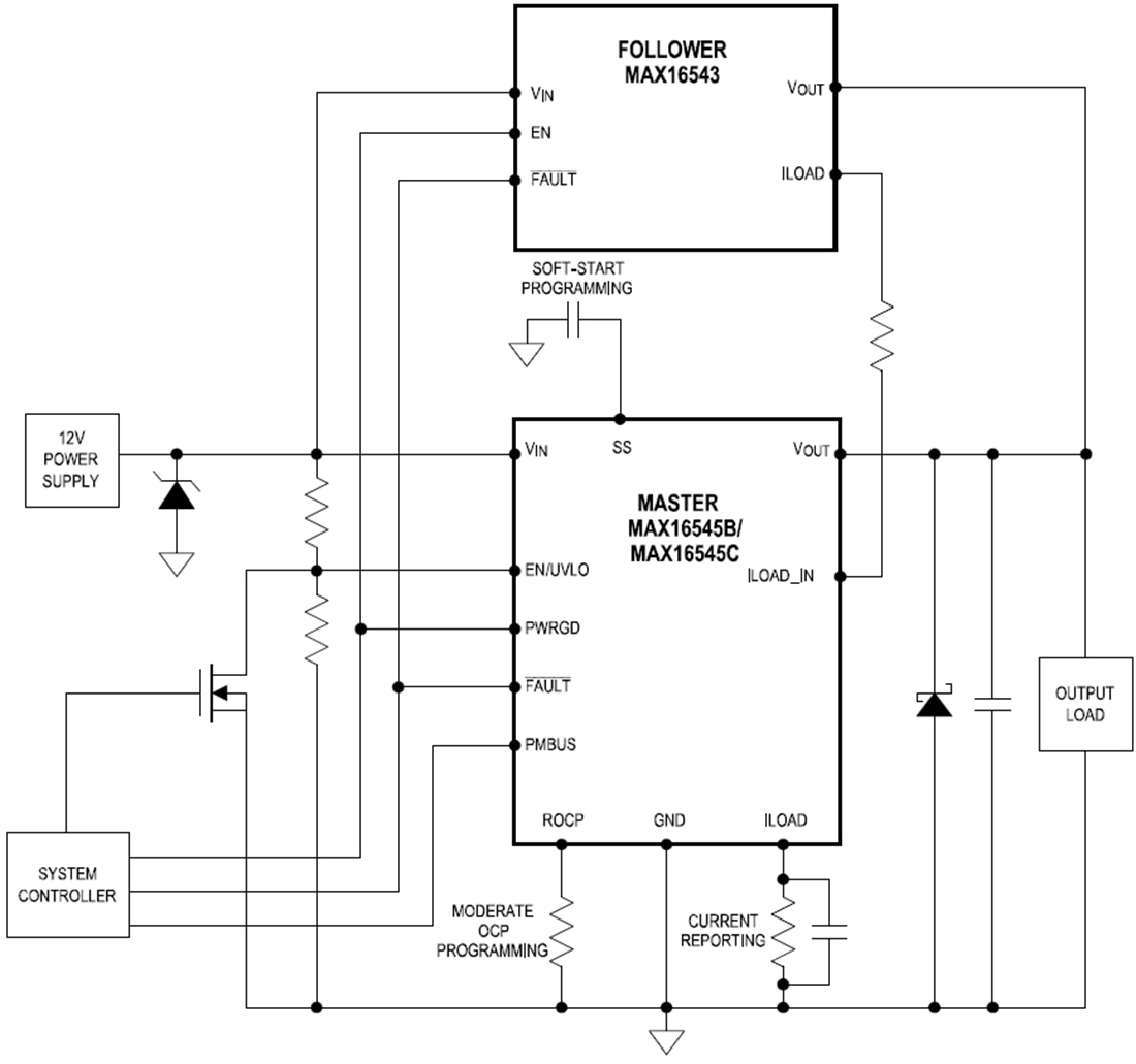 アプリケーション回路図 - Analog Devices / Maxim Integrated MAX16543統合型フォロワ保護IC