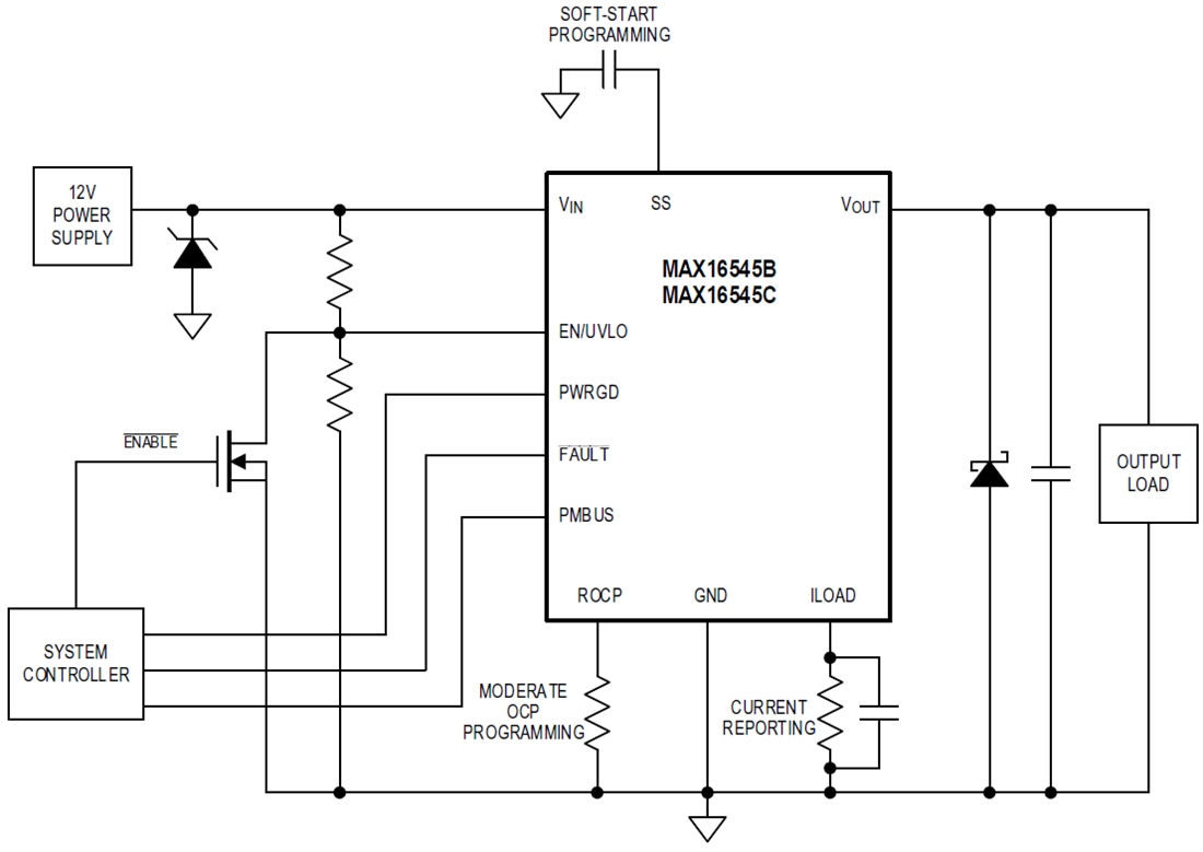 アプリケーション回路図 - Analog Devices / Maxim Integrated MAX16545B/MAX16545C回路ブレーカ保護IC