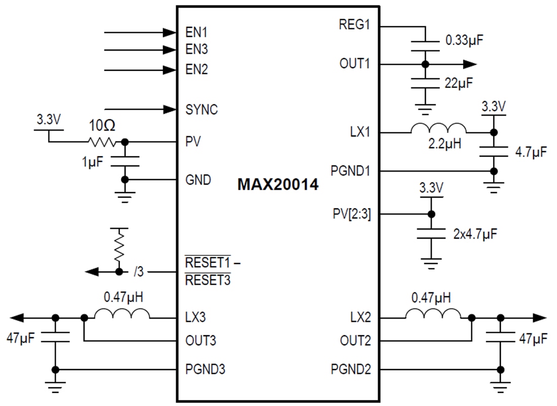 アプリケーション回路図 - Analog Devices / Maxim Integrated MAX20014ブーストおよび降圧型コンバータ