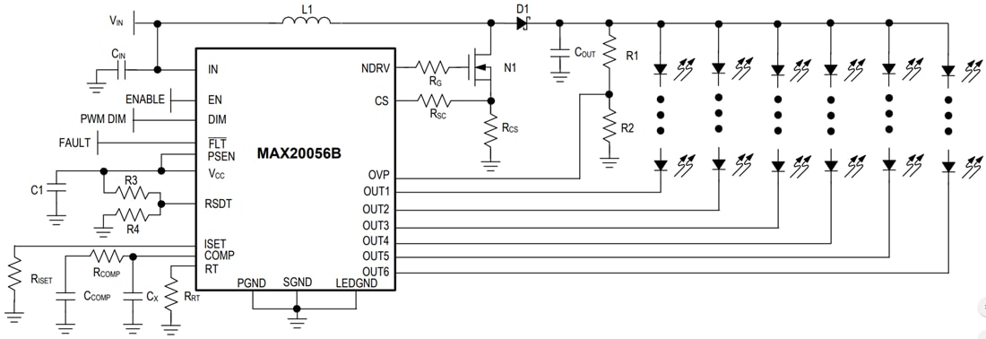 回路図 - Analog Devices / Maxim Integrated MAX20056B 6チャンネル高輝度LEDドライバ