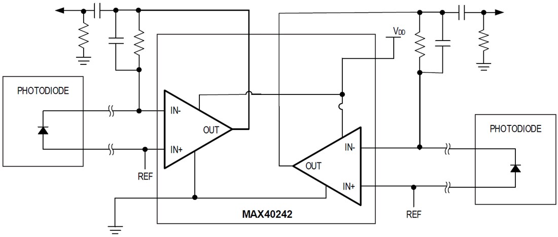 アプリケーション回路図 - Analog Devices / Maxim Integrated MAX40242デュアル・オペレーショナル・アンプ