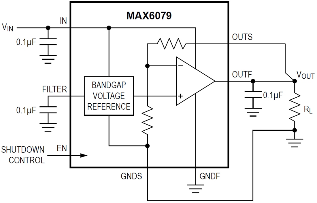 アプリケーション回路図 - Analog Devices / Maxim Integrated MAX6279高精度セラミック電圧リファレンス