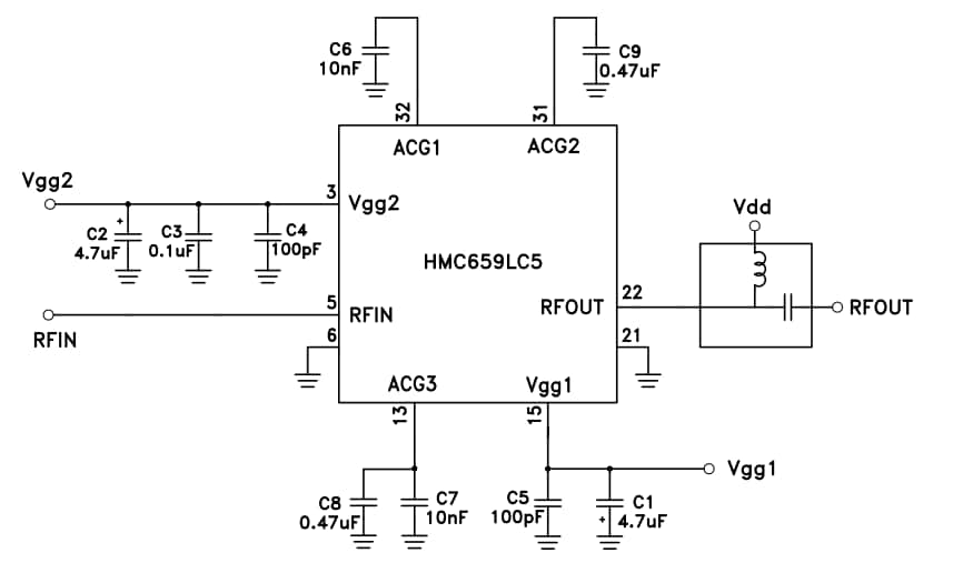 ブロック図 - Analog Devices Inc. HMC659 MMIC PHEMTパワーアンプ