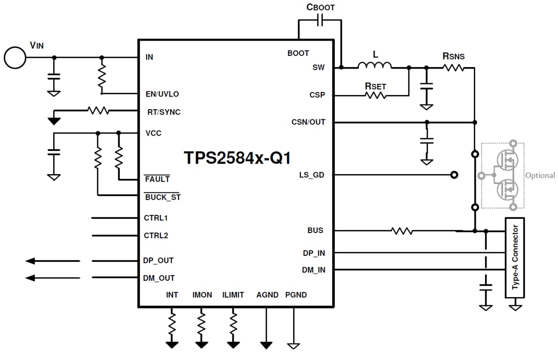 回路図 - Texas Instruments TPS2584x-Q1 USB Type-A充電ポートコンバータ