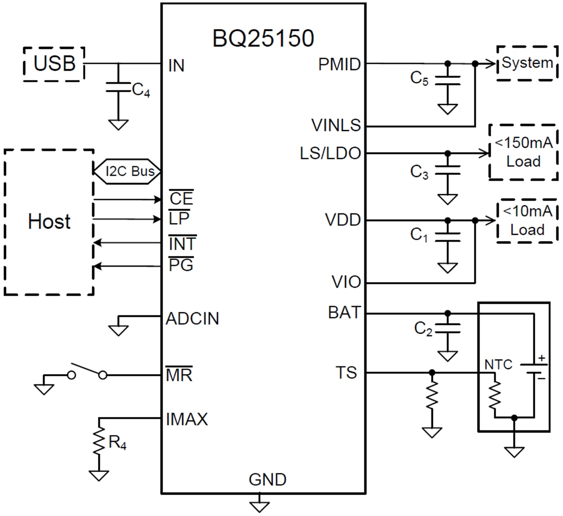 回路図 - Texas Instruments bq25150バッテリ充電管理IC
