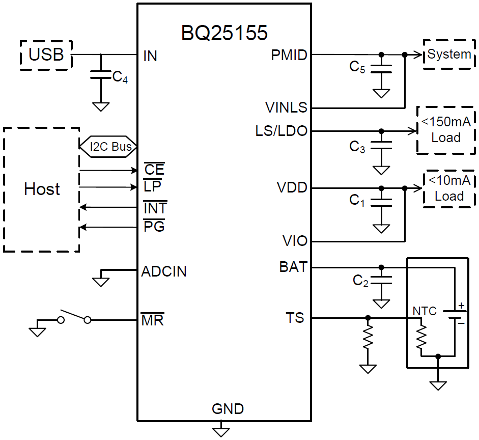 回路図 - Texas Instruments bq25155バッテリ充電管理IC