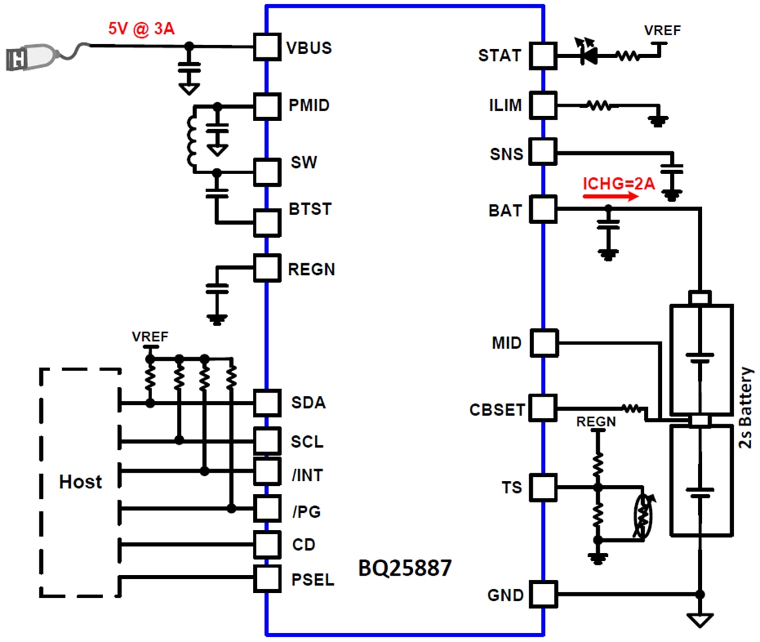 回路図 - Texas Instruments bq25887 I2C制御ブーストモードバッテリ充電器