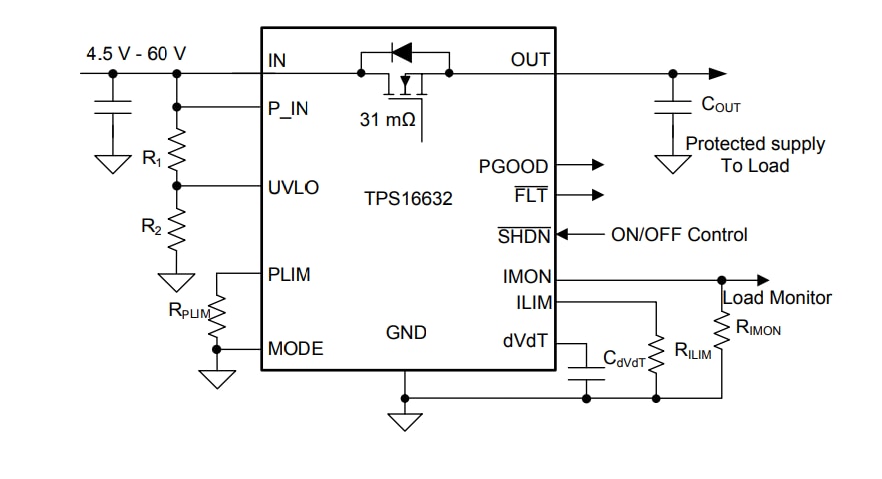 回路図 - Texas Instruments TPS1663x 60V、6Aパワー制限eFuse