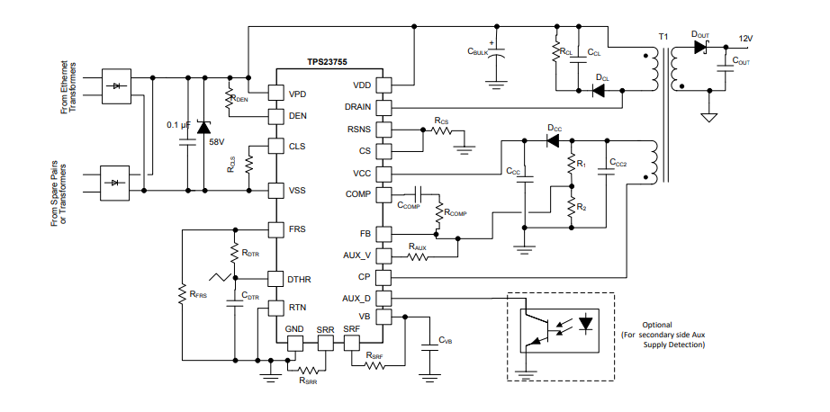 アプリケーション回路図 - Texas Instruments TPS23755 PoE DC-DCコントローラ