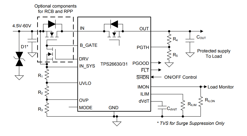 回路図 - Texas Instruments TPS2663xサージ保護産業eFuse
